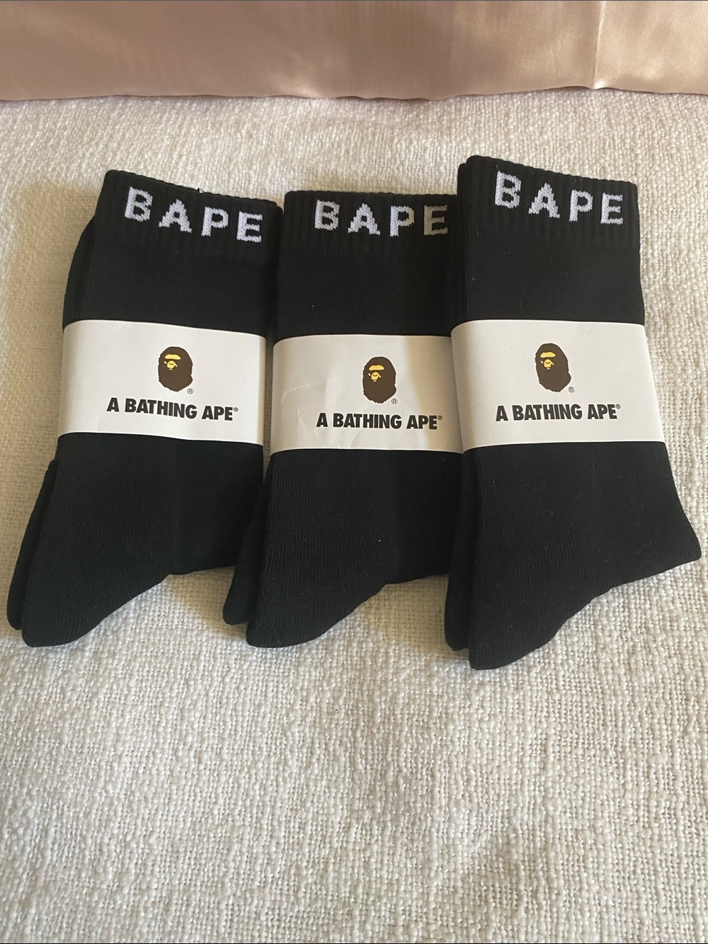 NWT A Bathing Ape "BAPE" Solid Black Script Text Logo Socks (3-Pack Set)